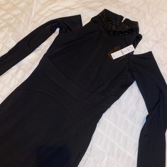 Cold Shoulder Embellished Mock Neck Black Gown - Picture 2 of 6